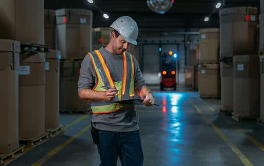 man in the warehouse with interactive warning vest from linde