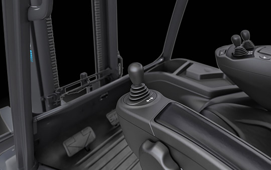 Detailed view of forklift without steering wheel but with joystick