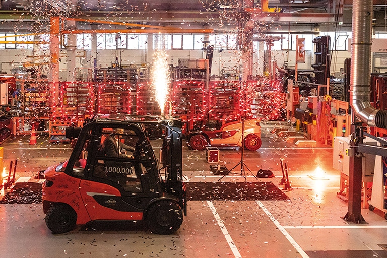 millionth linde counterbalanced truck rolls off the assembly line accompanied by a big fireworks display