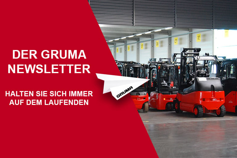 GRUMA Newsletter Keyvisual with forklift and paper airplane