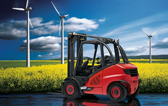 Linde forklift environment and wind turbines on field