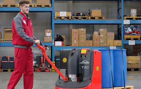 T20 Linde Electric Hand Pallet Truck Red Man Warehouse
